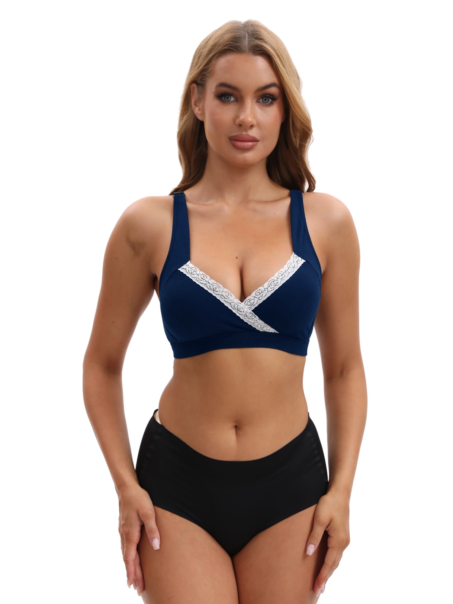 Unique Bargains Women's Lace Polka Dots Wirefree Sleep Nursing Bras S Dark Blue