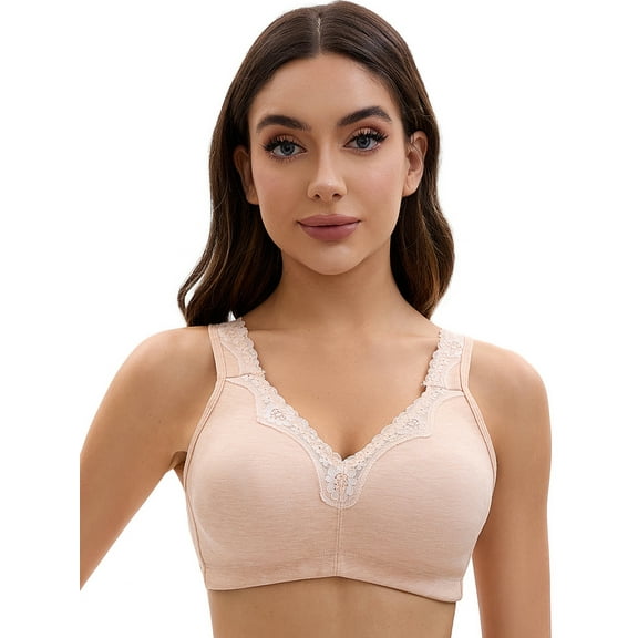 Unique Bargains Women's Lace Trim Full Coverage Adjustable Strap Bras D 40 Beige