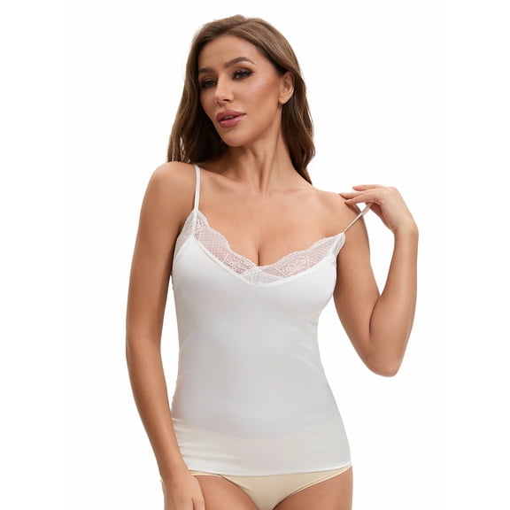 Unique Bargains Women's Lace Trim Silk Satin V Neck Camisoles L White