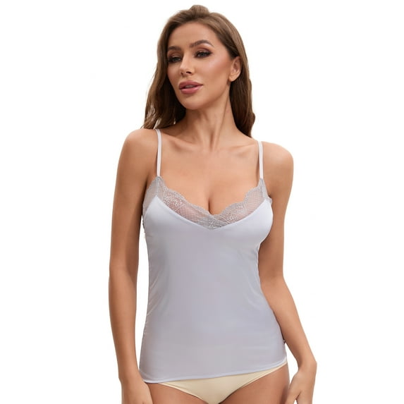 Unique Bargains Women's Lace Trim Silk Satin V Neck Camisoles M Gray