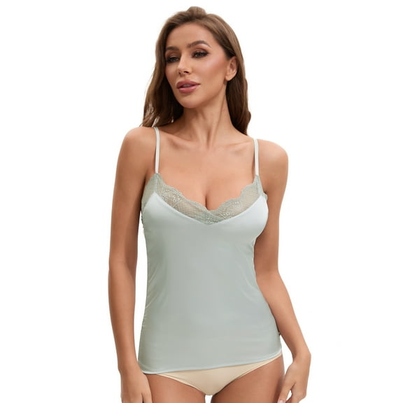 Unique Bargains Women's Lace Trim Silk Satin V Neck Camisoles S Green