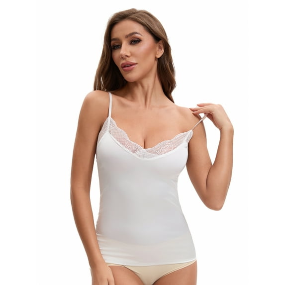 Unique Bargains Women's Lace Trim Silk Satin V Neck Camisoles S White