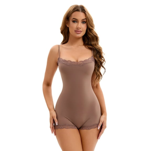 Unique Bargains Women's Lace Trim Tummy Control Butt Lifter Shaperwear Bodysuits M Khaki