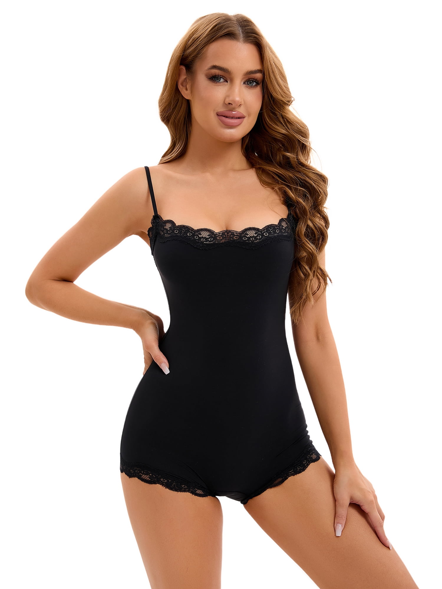 Unique Bargains Women's Lace Trim Tummy Control Butt Lifter Shaperwear Bodysuits S Black