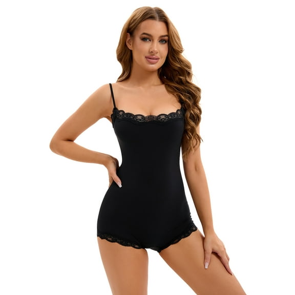 Unique Bargains Women's Lace Trim Tummy Control Butt Lifter Shaperwear Bodysuits S Black