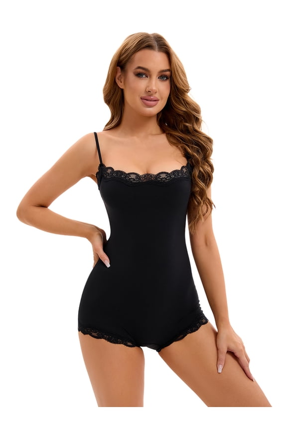 Women's Lace Trim Tummy Control Butt Lifter Shaperwear Bodysuits S Black