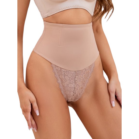 Unique Bargains Women's Lace Tummy Control Underwear Thongs Shapewear Panties L Beige
