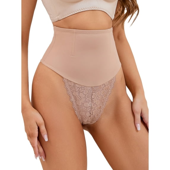 Unique Bargains Women's Lace Tummy Control Underwear Thongs Shapewear Panties M Beige