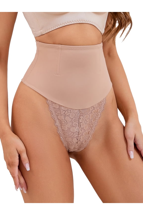 Women's Lace Tummy Control Underwear Thongs Shapewear Panties S Beige