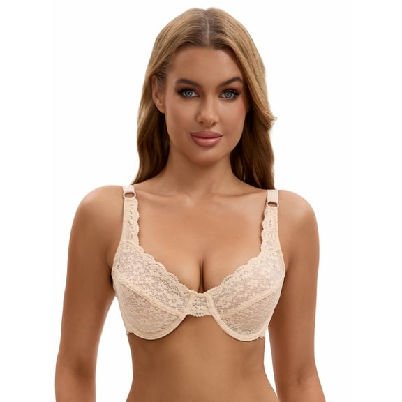 Unique Bargains Women's Lace Underwire Push Up Soft Cup Bras Beige 38 E