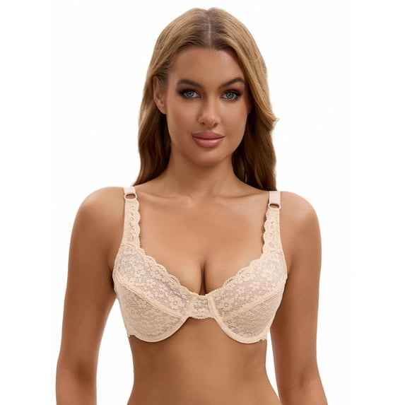 Unique Bargains Women's Lace Underwire Push Up Soft Cup Bras Beige 38 E