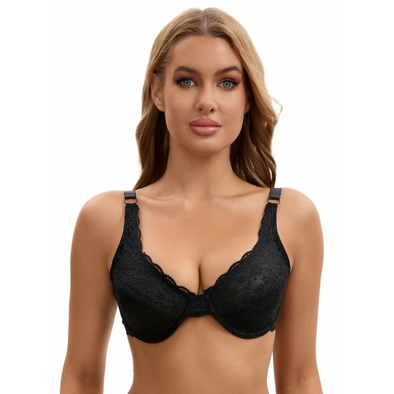 Unique Bargains Women's Lace Underwire Push Up Soft Cup Bras Black 36 B