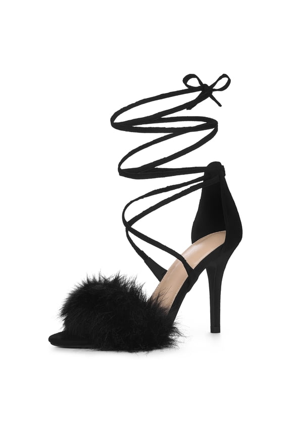 Women's Lace Up Heels Faux Fur Stiletto High Heel Sandals