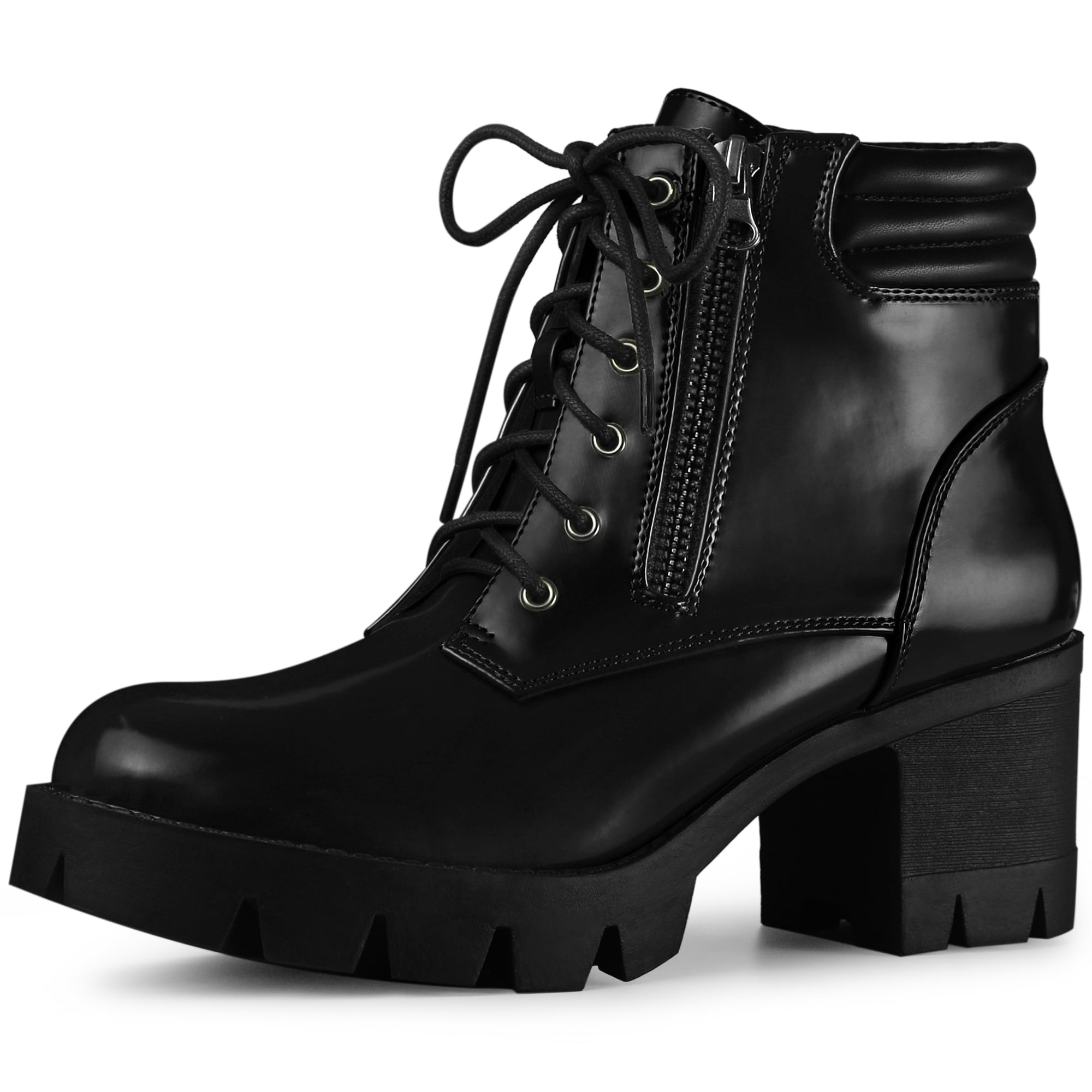 Unique Bargains Women's Lace Up Platform Chunky Heel Combat Boot Black 10