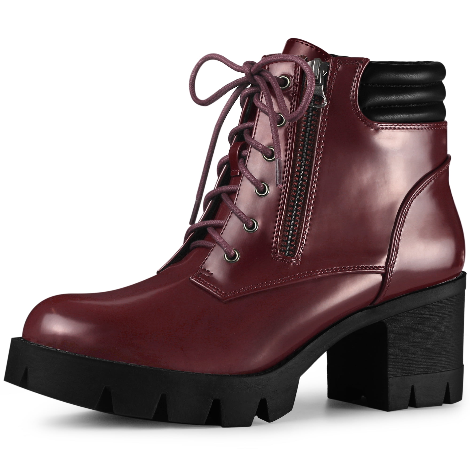 Unique Bargains Women's Lace Up Platform Chunky Heel Combat Boot Burgundy 9.5