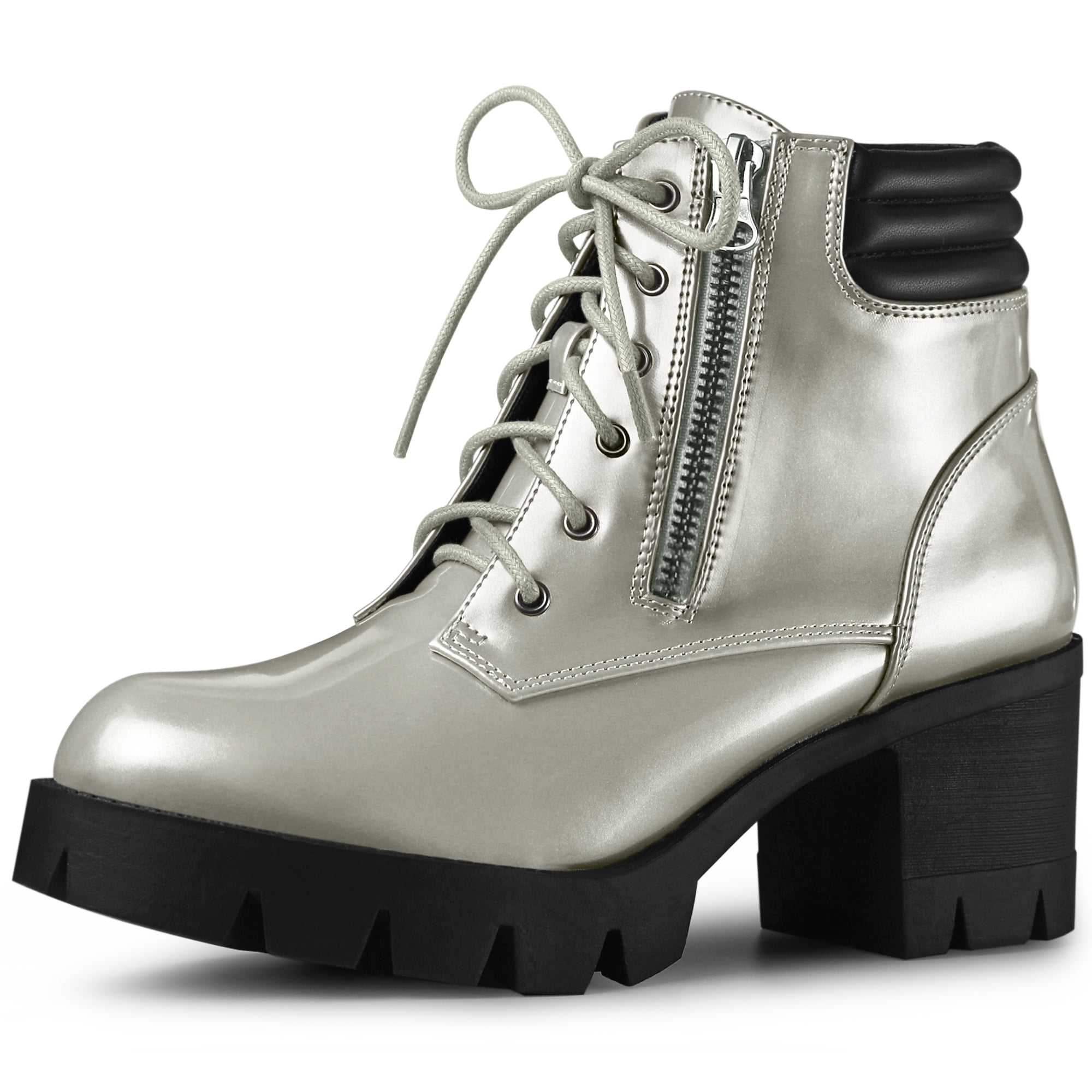 Unique Bargains Womens Lace Up Platform Chunky Heel Combat Boot Silver 8