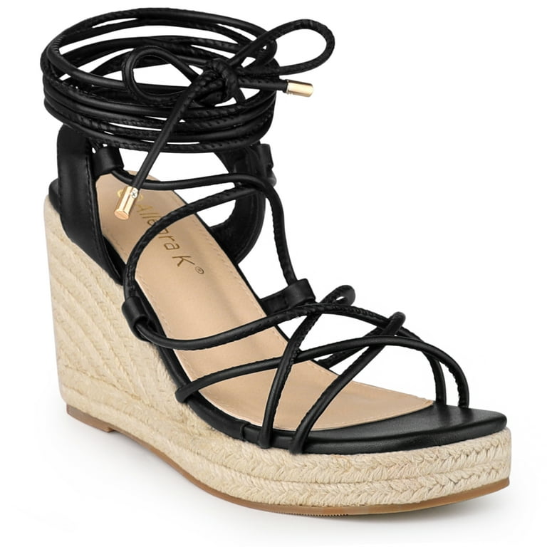 Allegra K Women's Closed Toe Espadrille Platform Heels Lace Wedge Sandals  Black 5.5