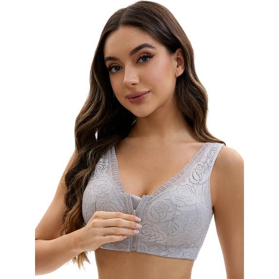 Unique Bargains Women's Lace Zip Front Closure Wirefree Wide Straps Bras C 46 Grey
