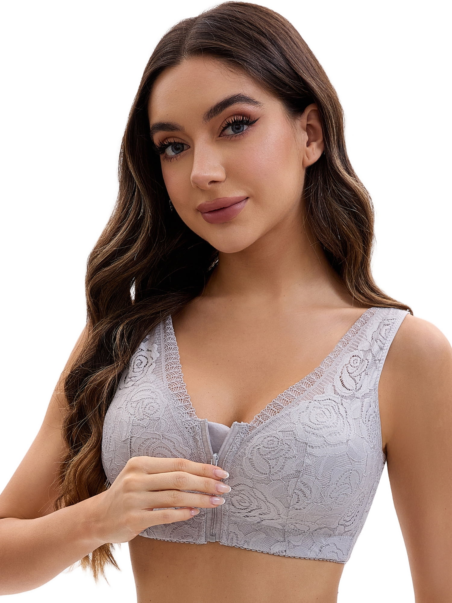 Unique Bargains Women's Lace Zip Front Closure Wirefree Wide Straps Bras D 42 Grey