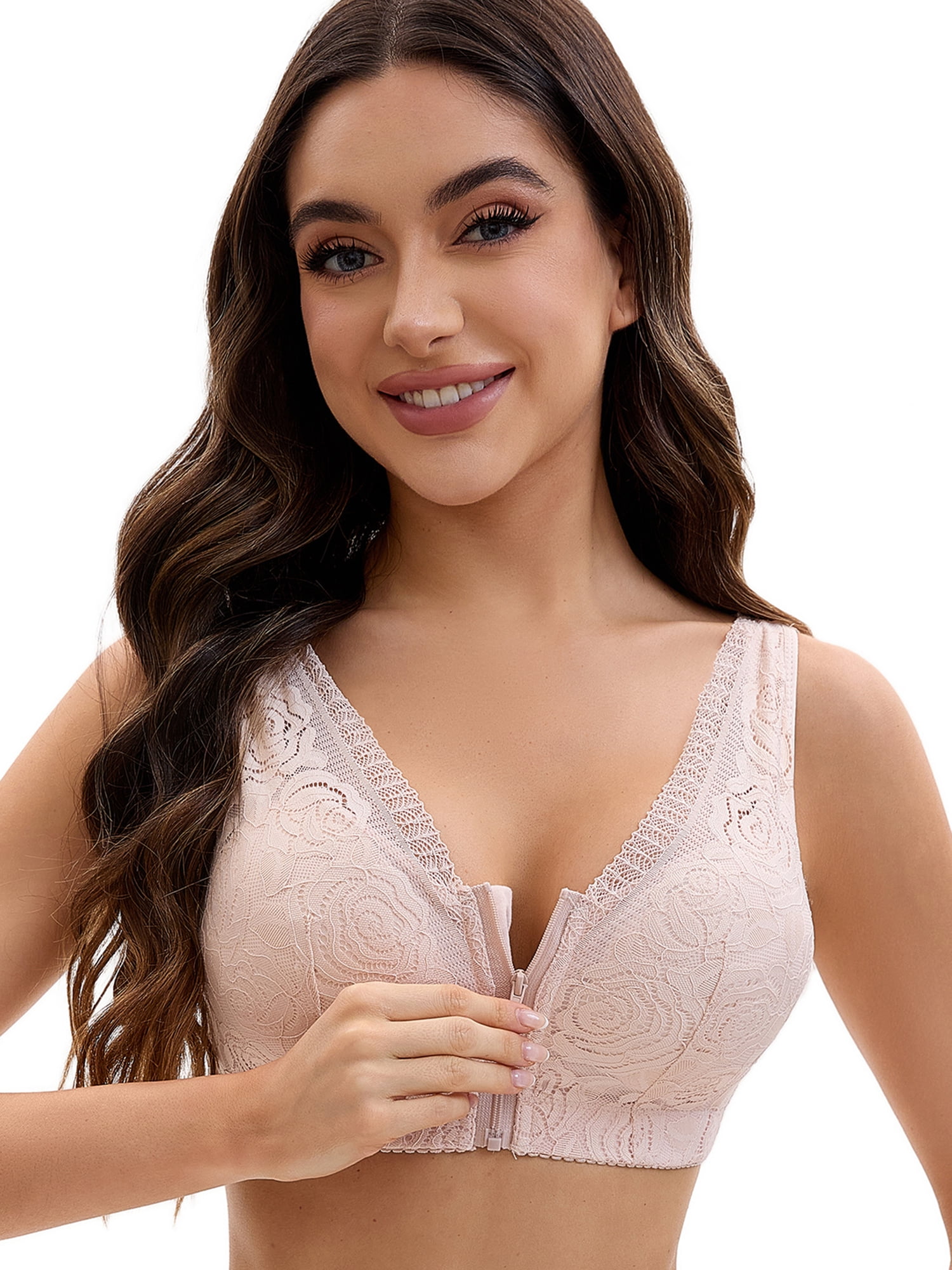 Unique Bargains Women's Lace Zip Front Closure Wirefree Wide Straps Bras D 46 Pink