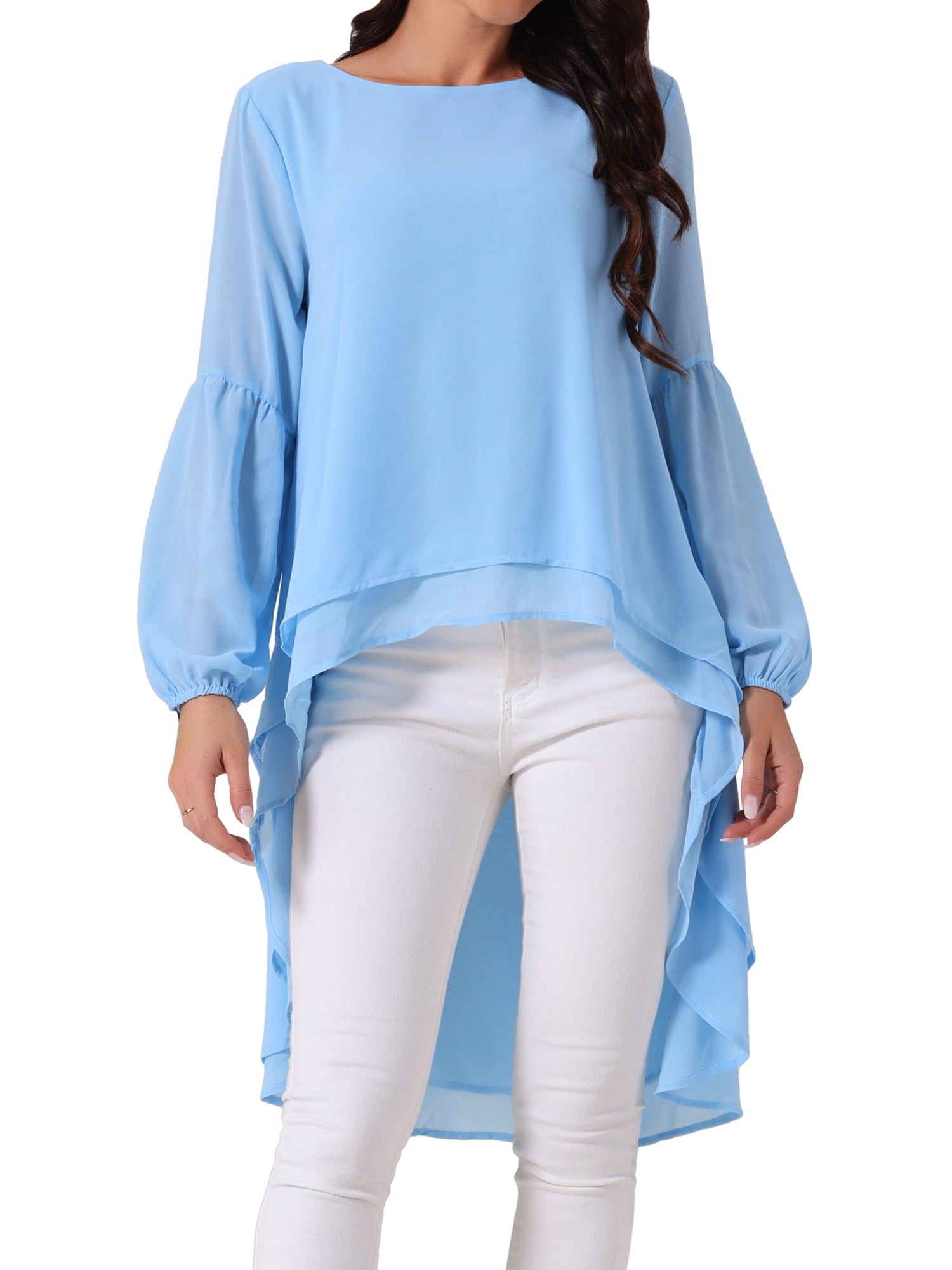 Unique Bargains Women's Lantern High Low Asymmetrical Irregular Hem Blouse Tops M Sky Blue