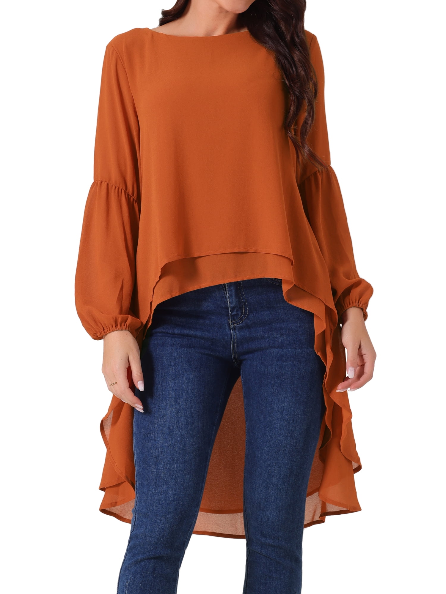 Unique Bargains Women's Lantern High Low Asymmetrical Irregular Hem Blouse Tops S Caramel