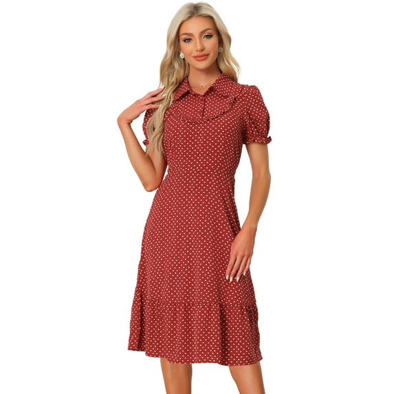 Unique Bargains Women's Lapel Collar Heart Print Puff Vintage Ruffled Dress XS Red