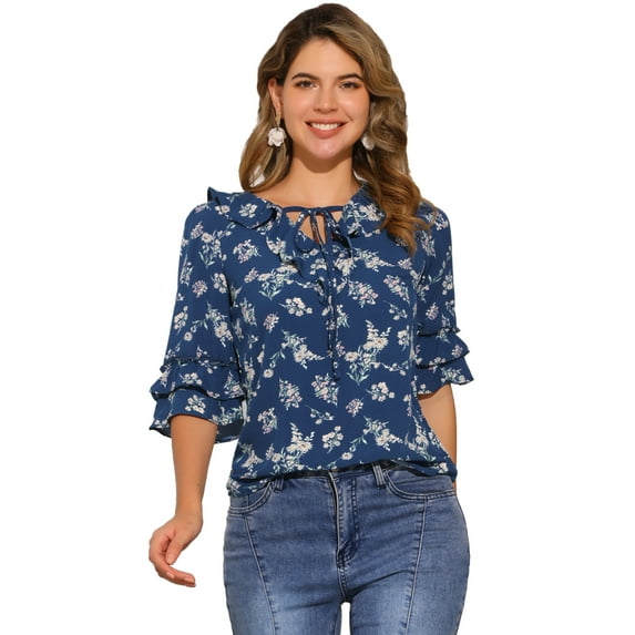 Unique Bargains Women's Layered Elbow Sleeve Ruffled Tie-Neck Blouse L Navy Blue