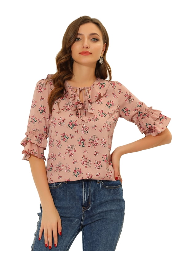 Women's Layered Elbow Sleeve Ruffled Tie-Neck Blouse XL Pink