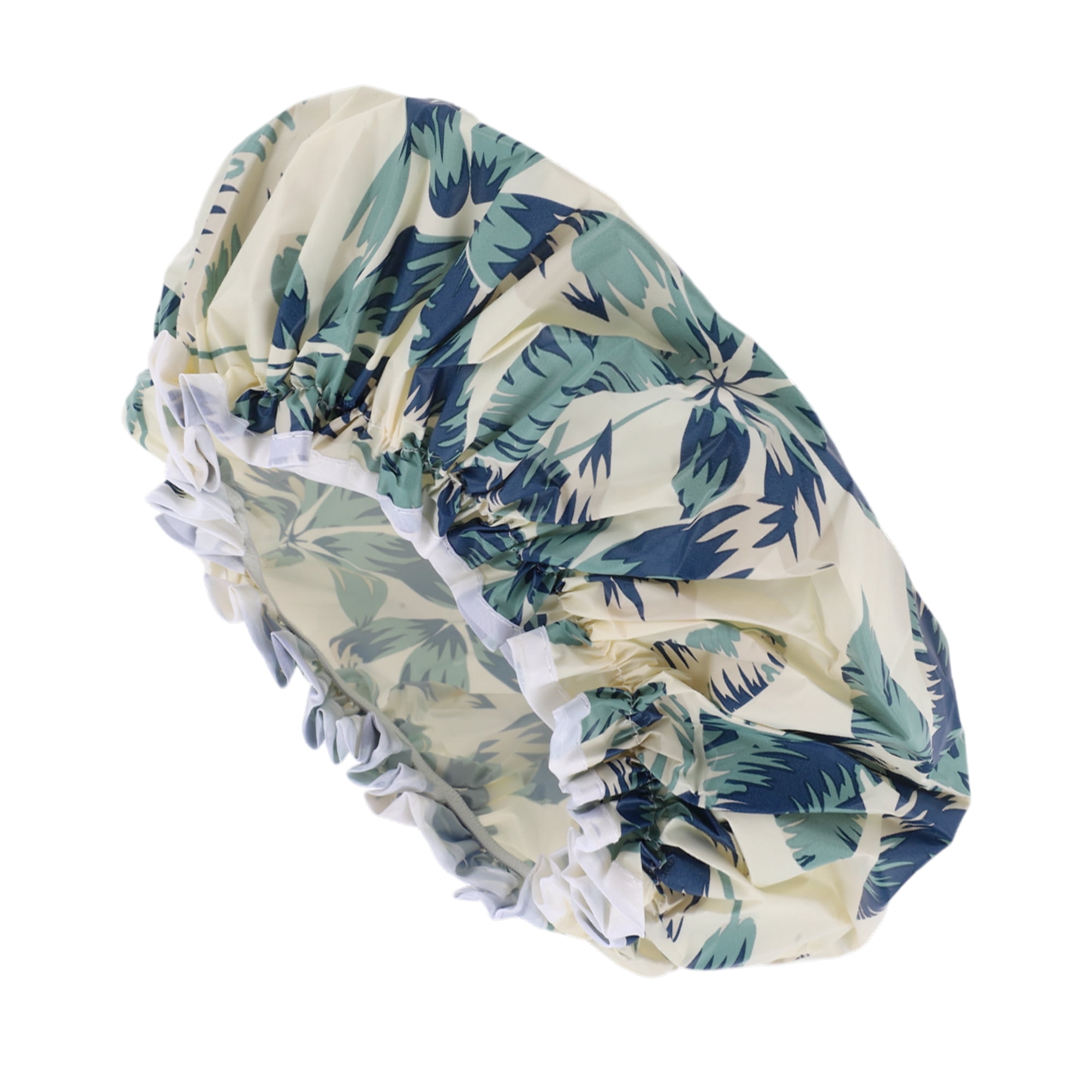 Unique Bargains Women's Leaves Pattern Shower Cap Blue 1 Pc