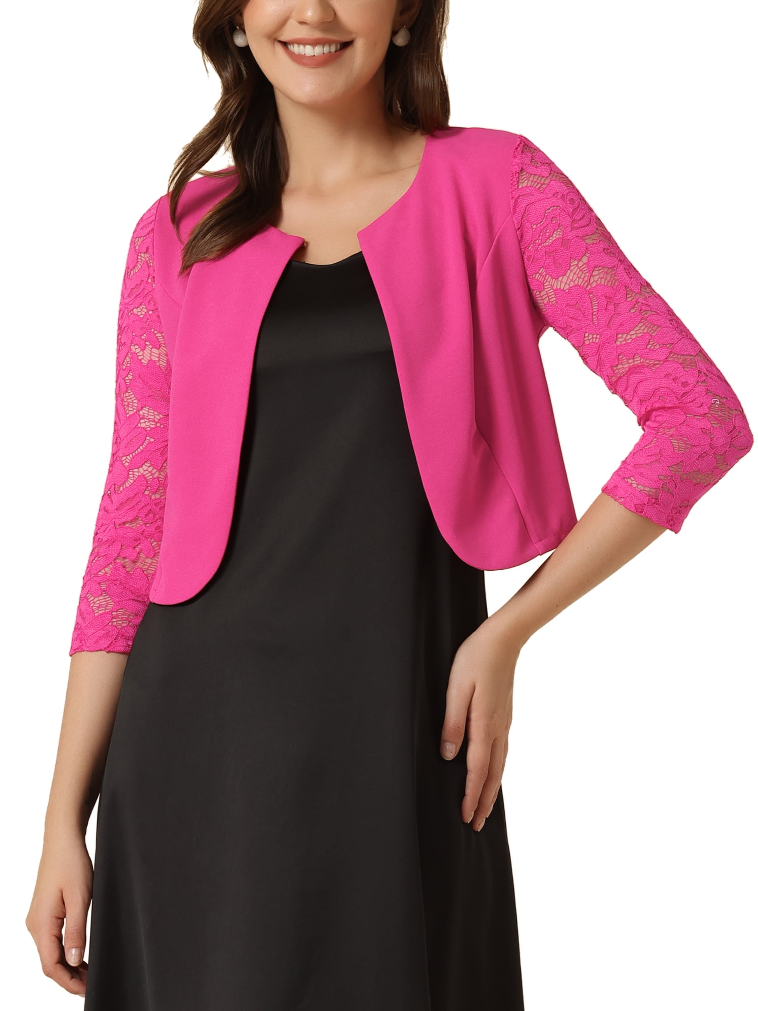 Unique Bargains Women s Leisure Lace 3 4 Sleeve Crop Shrug Cardigan XL Hot Pink Walmart