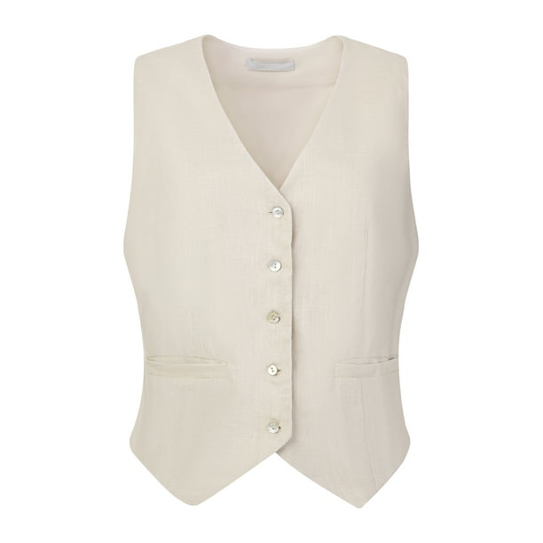 DARING DIVA Women's Linen Vest Button Down V Neck Business