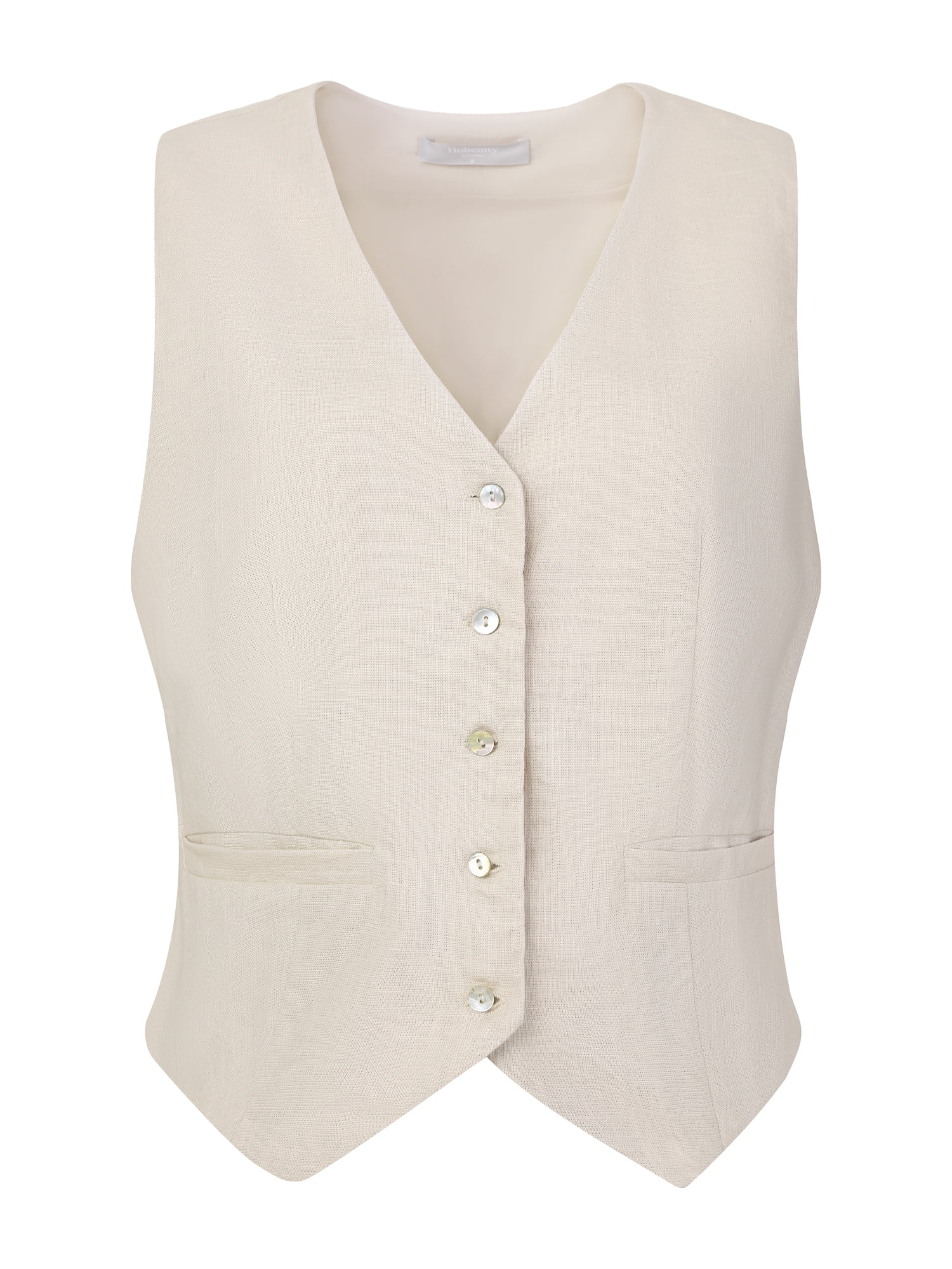 DARING DIVA Women's Linen Vest Button Down V Neck Business Waistcoat S Beige