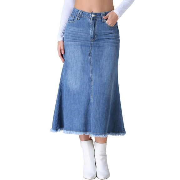 Unique Bargains Women's Long Denim Skirts Split A-Line Fishtail Jean Skirt 2XL Blue