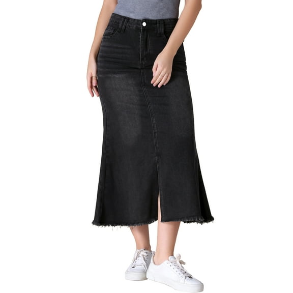 Unique Bargains Women's Long Denim Skirts Split A-Line Fishtail Jean Skirt L Black