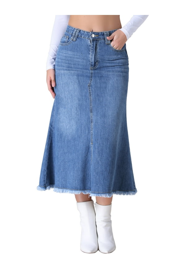 Women's Long Denim Skirts Split A-Line Fishtail Jean Skirt L Blue