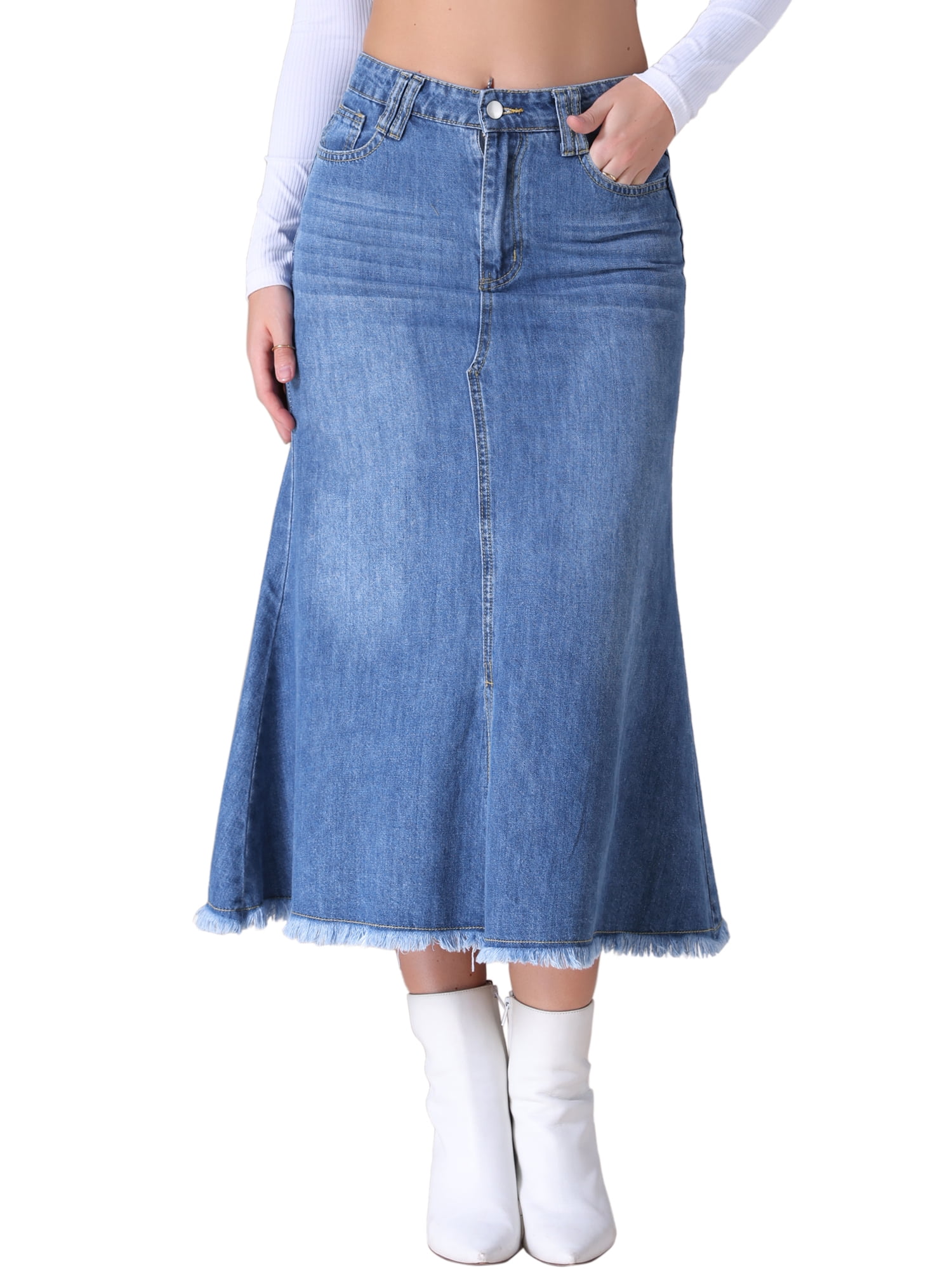 Unique Bargains Women's Long Denim Skirts Split A-Line Fishtail Jean Skirt M Blue