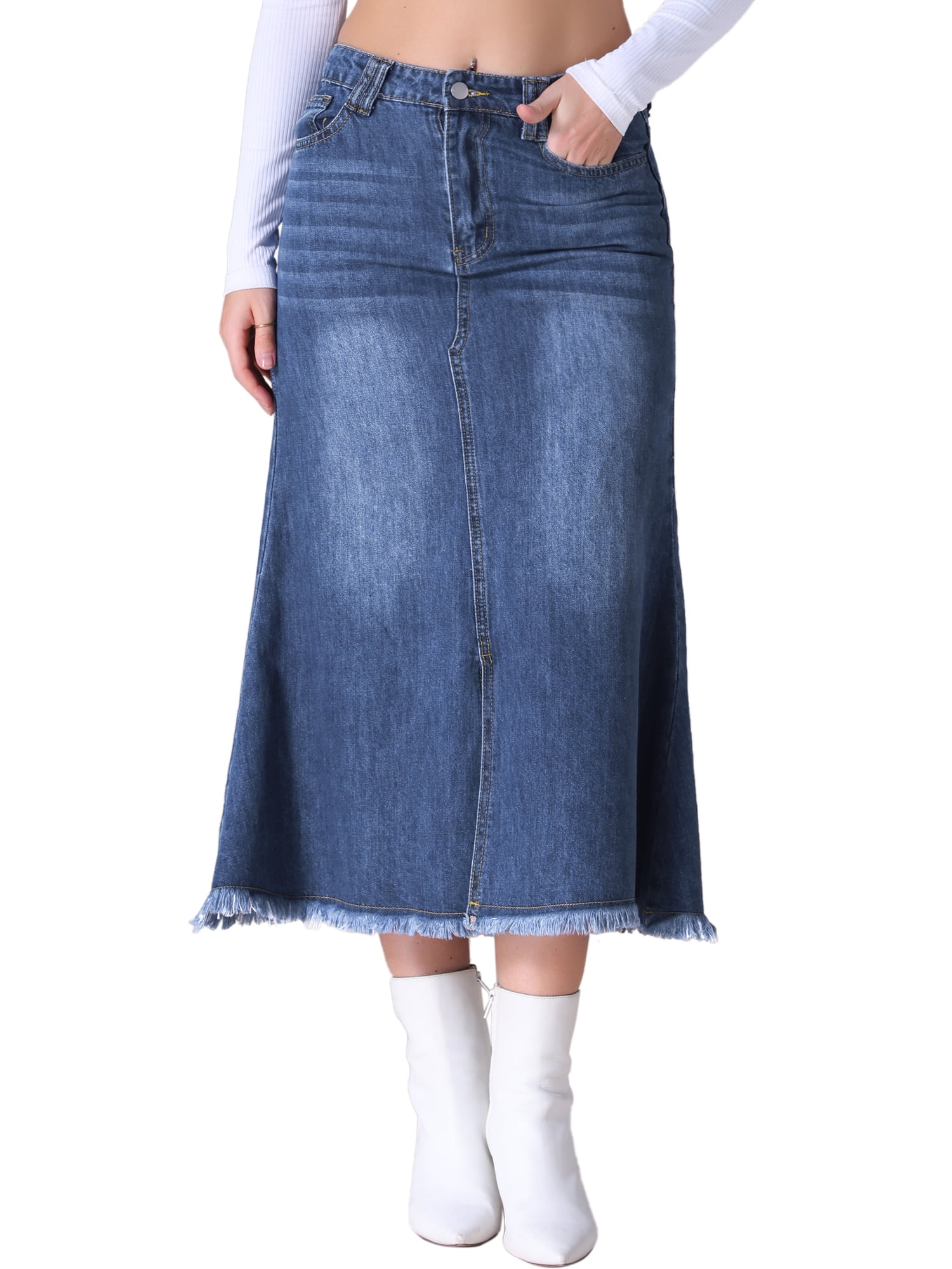Unique Bargains Women's Long Denim Skirts Split A-Line Fishtail Jean Skirt S Dark Blue