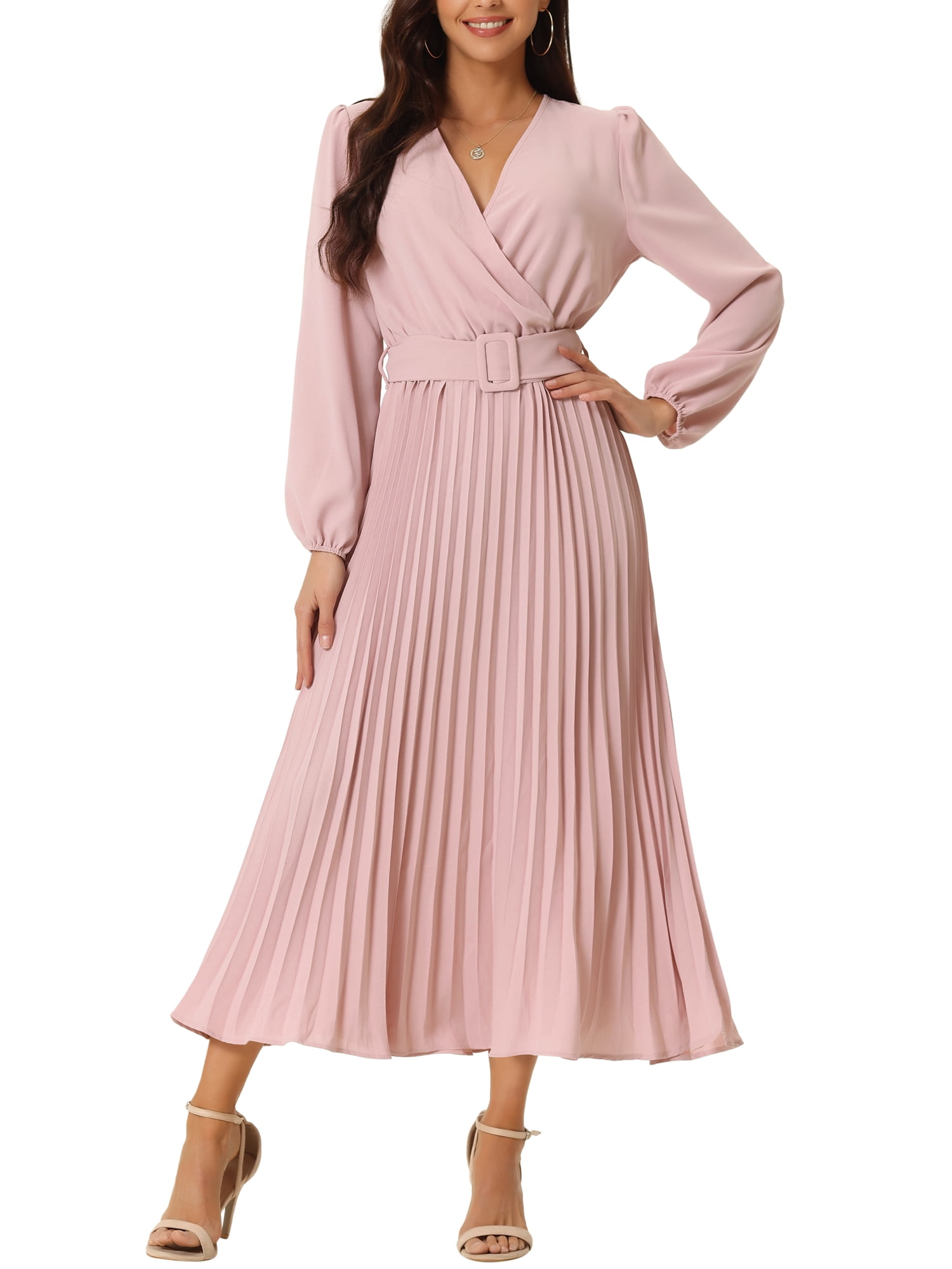 Unique Bargains Women's Long Puff Sleeve Pleated Midi Dress with