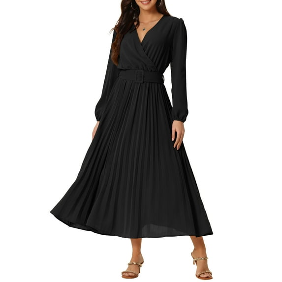 Unique Bargains Women's Long Puff Sleeve Flowy Ruffle Pleated Dress with Belt M Black