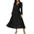 thumbnail image 1 of Unique Bargains Women's Long Puff Sleeve Flowy Ruffle Pleated Dress with Belt S Black, 1 of 6
