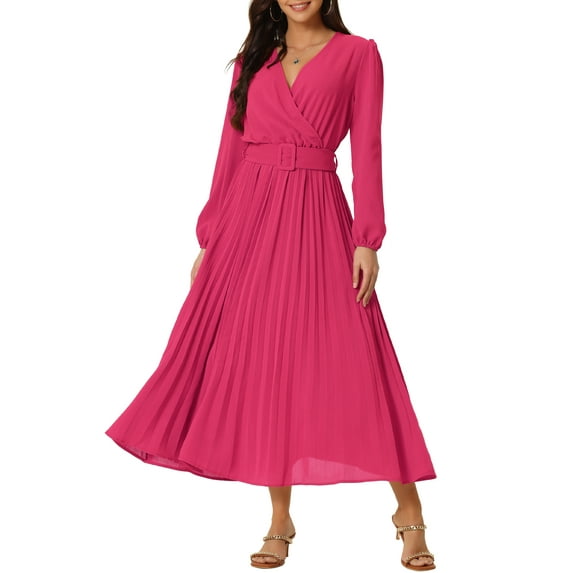 Unique Bargains Women's Long Puff Sleeve Flowy Ruffle Pleated Dress with Belt S Hot Pink