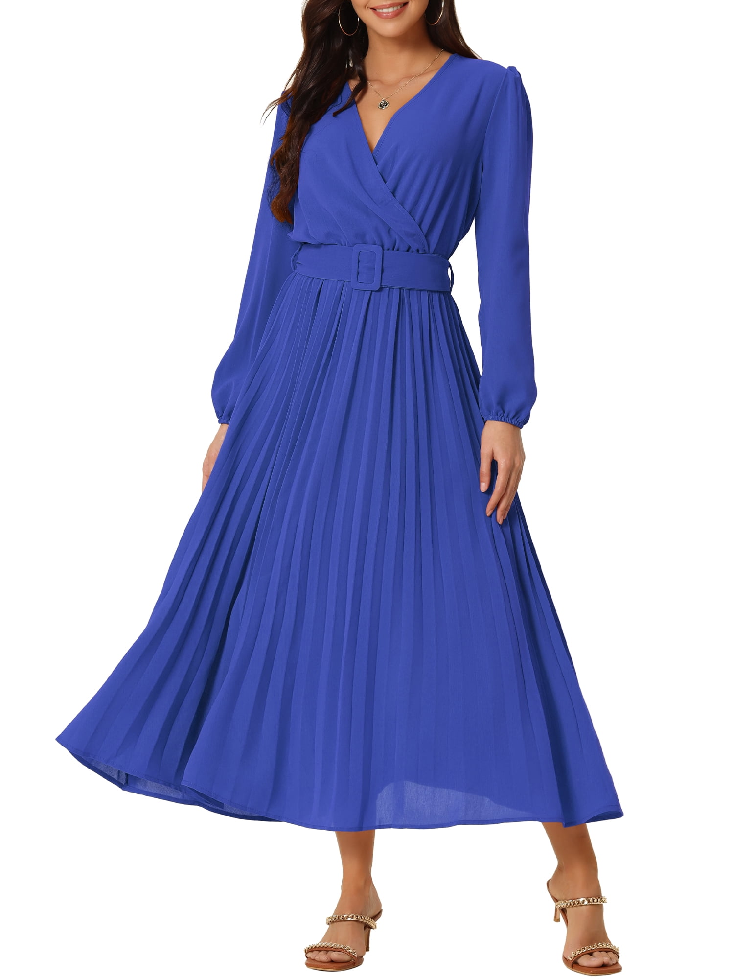 Unique Bargains Women's Long Puff Sleeve Flowy Ruffle Pleated Dress with Belt S Royal Blue