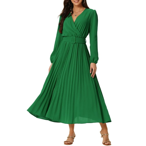 Unique Bargains Women's Long Puff Sleeve Flowy Ruffle Pleated Dress XL Dark Green