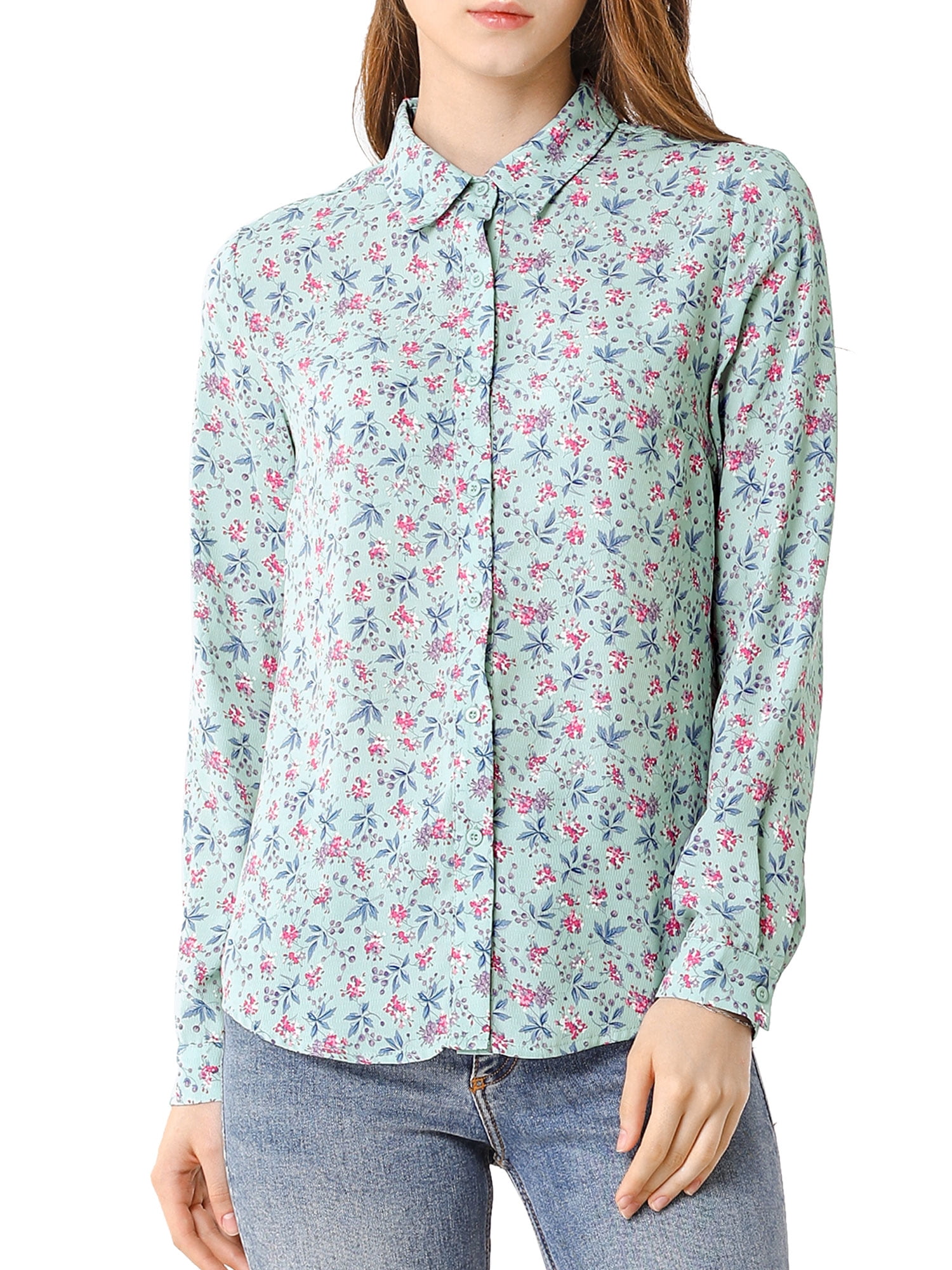 Unique Bargains Womens Long Sleeve Button Down Ditsy Floral Shirt Top L Blue