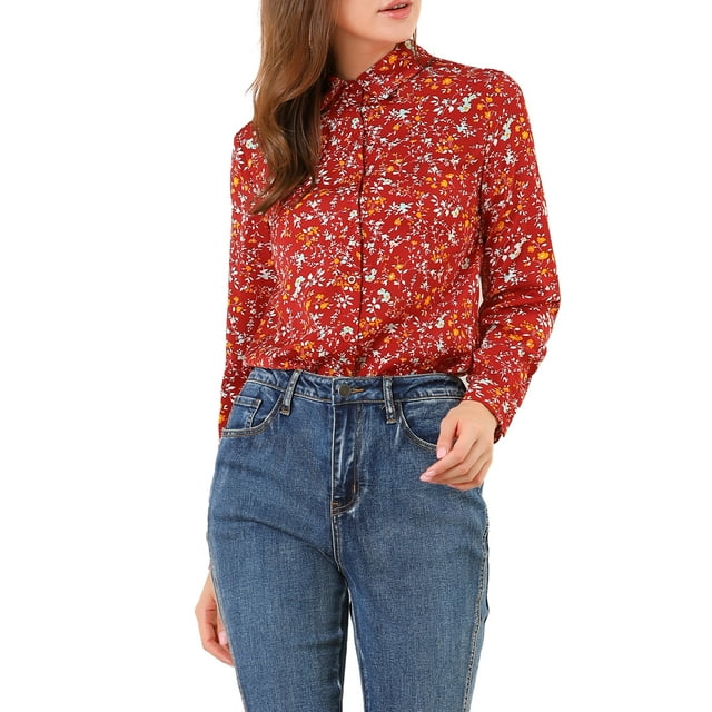 Unique Bargains Womens Long Sleeve Button Down Ditsy Floral Shirt Top M Red