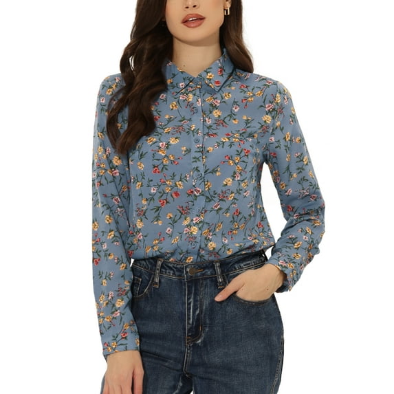 Unique Bargains Women's Long Sleeve Button-Down Ditsy Floral Shirt Top XL Gray Blue