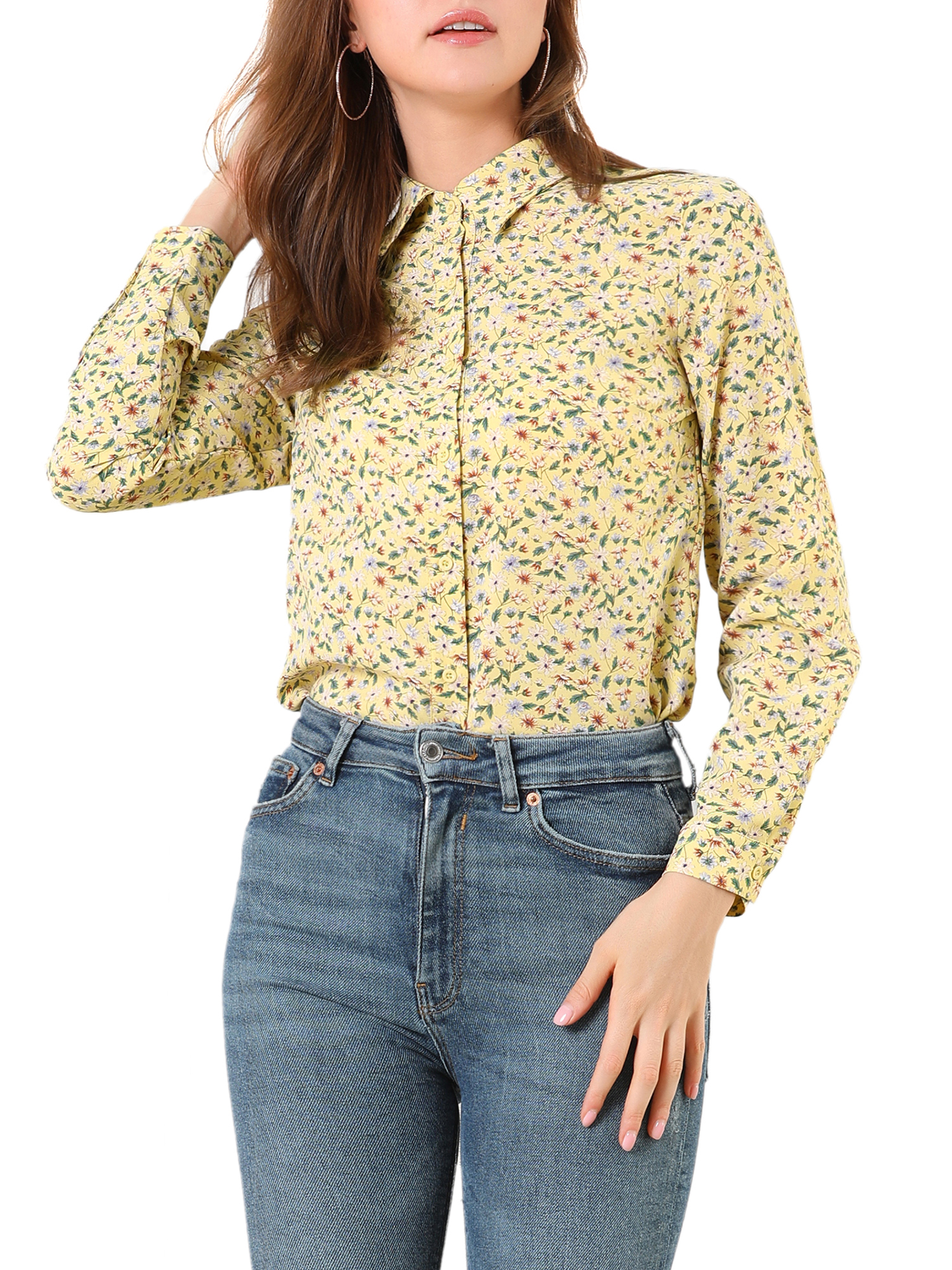 Unique Bargains Women's Long Sleeve Button-Down Ditsy Floral Shirt