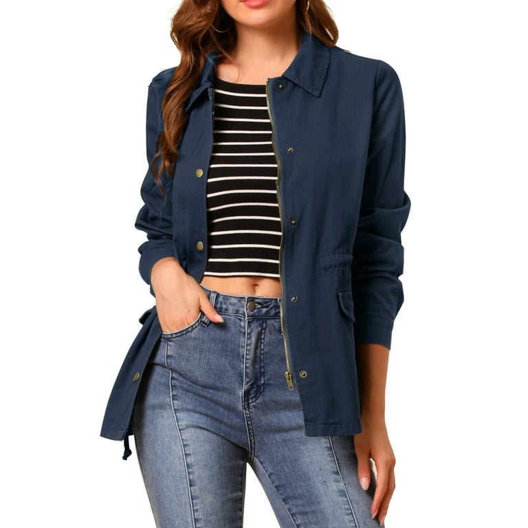 Unique Bargains Women's Long Sleeve Drawstring Waist Flap Pockets  Lightweight Jacket S Navy Blue