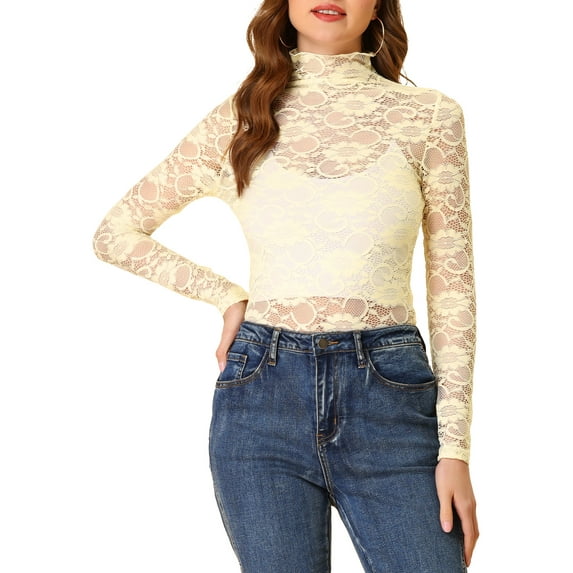 Unique Bargains Women's Long Sleeve Mock Neck Floral Lace Blouse Top M Beige